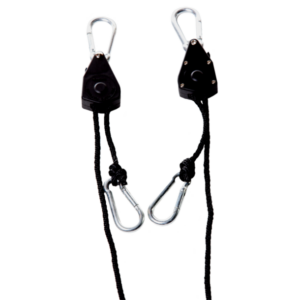 The EZ Hanger Rope Ratchet features braided ropes and easy-to-use carabiner clips