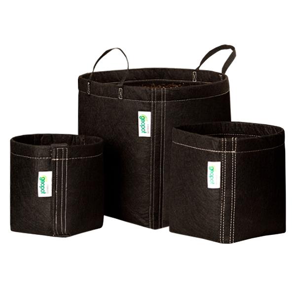 Three black GeoPot Fabric Pots, one featuring handles and another its Velcro Seam