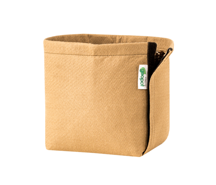 A tan GeoPot Fabric Pot with available Velcro Seam that simplifies transplanting