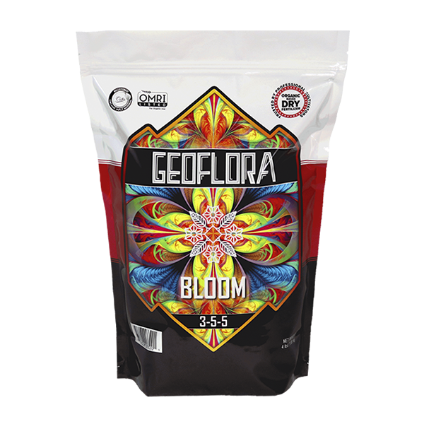 A colorful 4lb package of Geoflora BLOOM, which helps improve flower and fruit development
