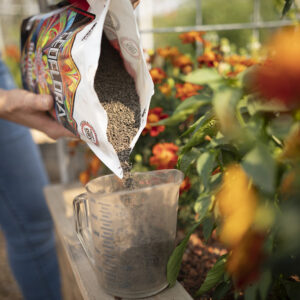 A gardener measures out Geoflora Bloom for the nearby flowerbed