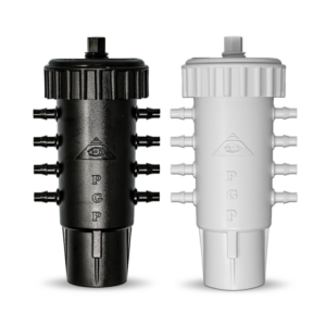 Two Octo-Flow 8-port adjustable irrigation manifolds, available in white or black options