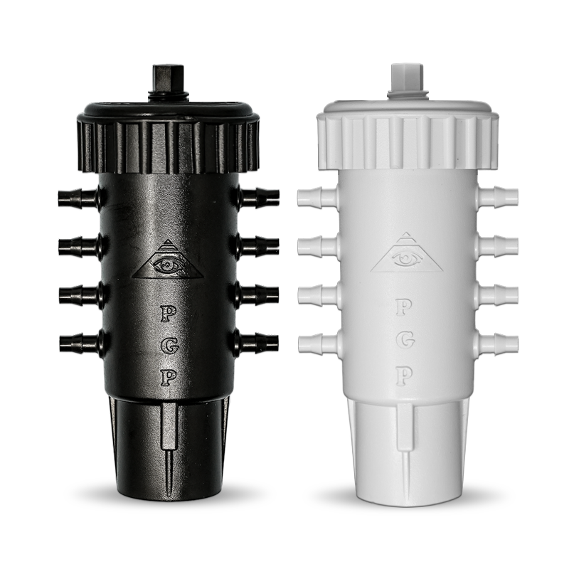 Two Octo-Flow 8-port adjustable irrigation manifolds, available in white or black options