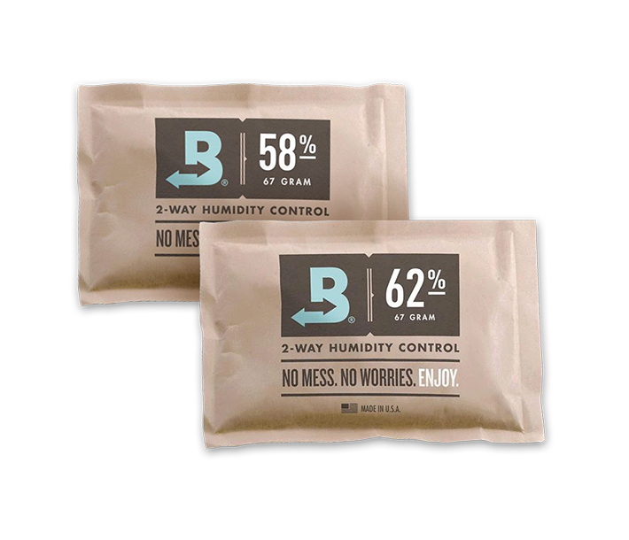 Boveda Humidity Control Packs come in 2 humidity levels: The 62% shown and 58% level