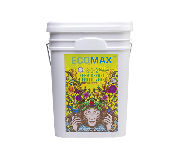 The 25-pound size of ECOMAX Neem Kernel Fertilizer surrounded by colorful plants it nourished