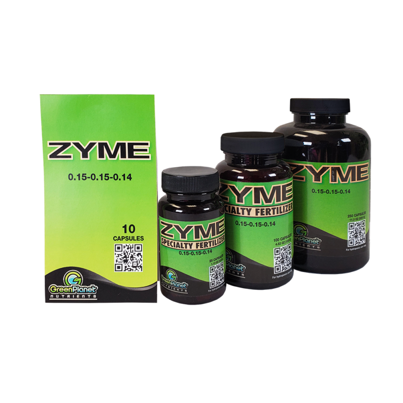 The different sizes available of Green Planet Nutrients – Zyme Caps, a blend of enzymes and biocatalysts