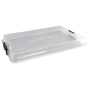 The Max Yield Bin lid is a clear lid with black clasp attachments