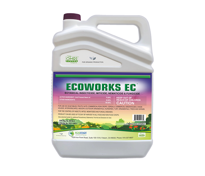 ECOWORKS EC shown in the 2.5 gallon size is an OMRI-Listed 4-in-1 organic pesticide
