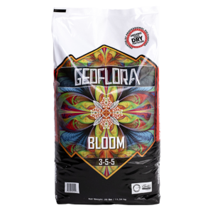 A 25lb bag of Geoflora BLOOM, a granular fertilizer that combines organic sources of phosphorus and potassium