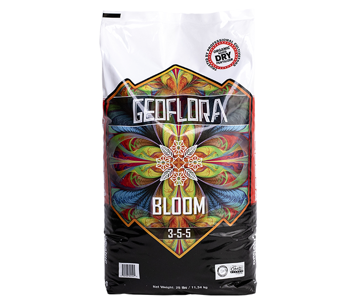 A 25lb bag of Geoflora BLOOM, a granular fertilizer that combines organic sources of phosphorus and potassium
