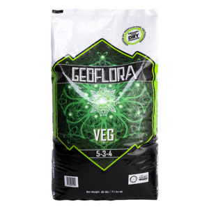 A bright green and black 25-lb package of Geoflora VEG, which adds micro- and macronutrients to the soil