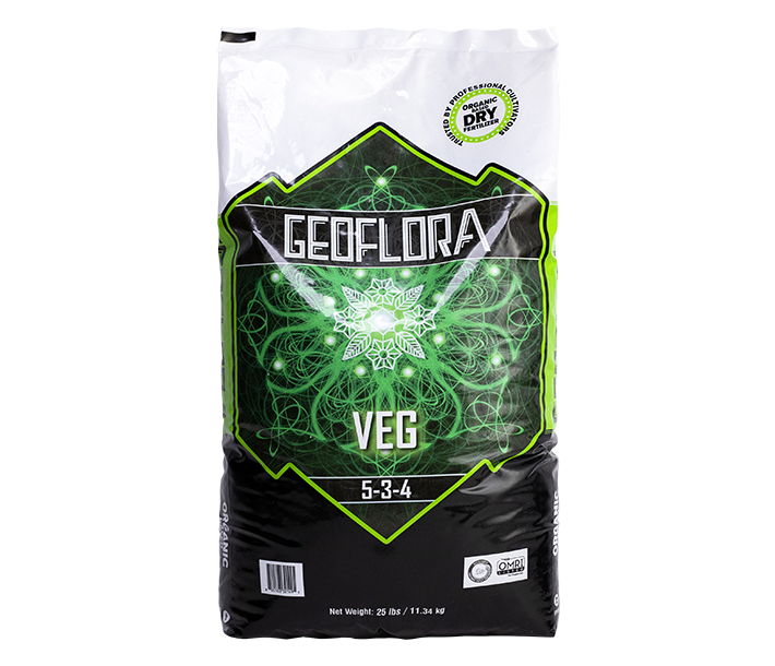 A bright green and black 25-lb package of Geoflora VEG, which adds micro- and macronutrients to the soil