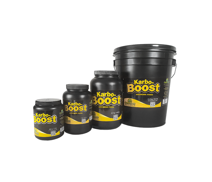 Four different sizes of Green Planet Nutrients Karbo Boost, which supports essential plant functions