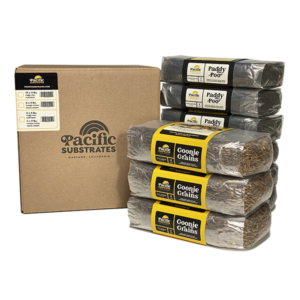 Pacific Substrates mixed case contains Packages of Goonie Grains mushroom spawn and Paddy Poo mushroom compost.