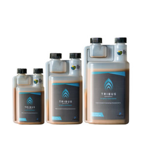 Three sizes of Tribus Biostimulants, from quarter to full liter, which build stronger root systems
