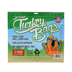 Left Coast Turkey Bags, here in the 12-count, 18 x 24-inch size, are made of triple-layer nylon