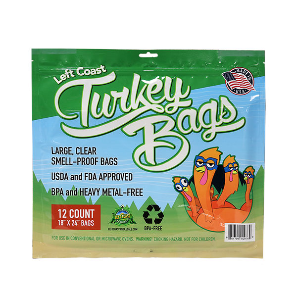 Left Coast Turkey Bags, here in the 12-count, 18 x 24-inch size, are made of triple-layer nylon