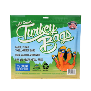 Left Coast Turkey Bags, here in the 25-count, 18 x 24-inch size, are smell proof and easily shut