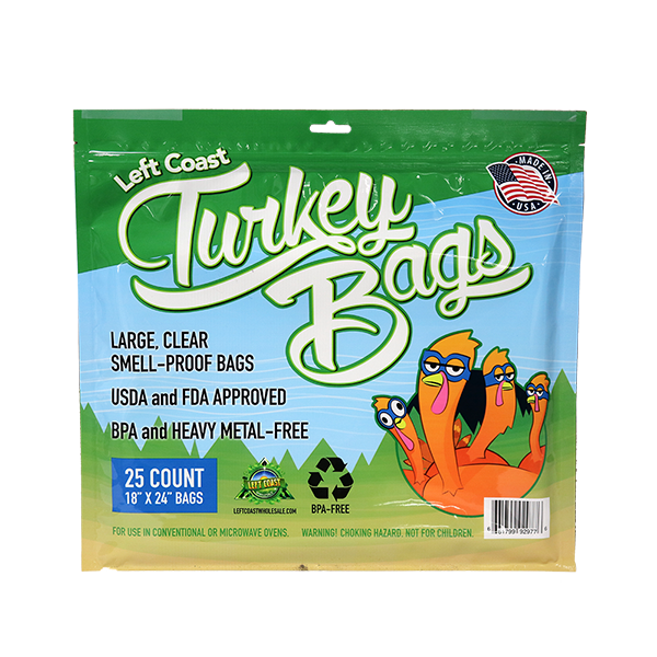 Left Coast Turkey Bags, here in the 25-count, 18 x 24-inch size, are smell proof and easily shut