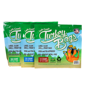 Left Coast Turkey Bags help protect your harvest from cross-contamination, oxidation, and pests, shown in three sizes, also come in bulk packs