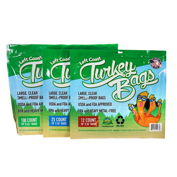 Left Coast Turkey Bags help protect your harvest from cross-contamination, oxidation, and pests, shown in three sizes, also come in bulk packs