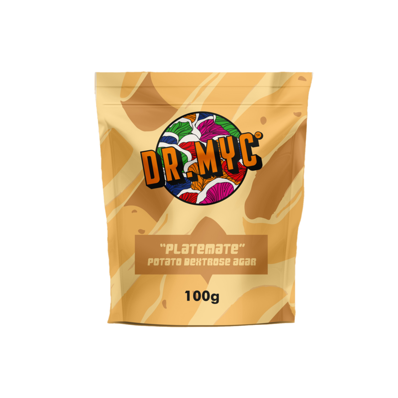 A Small Orange bag of agar mix from DR MYC, Platemate Agar - for use with mushrooms.