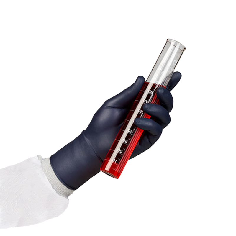 A person's arm in PPE with a black nitrile glove holding a testube with red liquid.