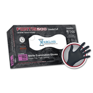 A black box of Medium sized Fortis500 Extended cuff Black Nitrile Gloves