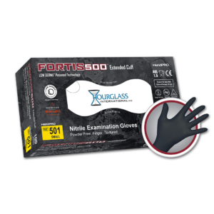 A black box of Small sized Fortis500 Extended cuff Black Nitrile Gloves