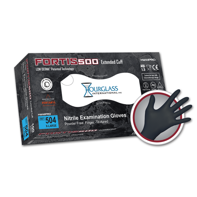 A black box of X-Large sized Fortis500 Extended cuff Black Nitrile Gloves