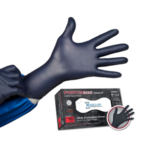 A person putting on black nitrile gloves with an extended cuff in PPE. Small image of box of gloves in background.