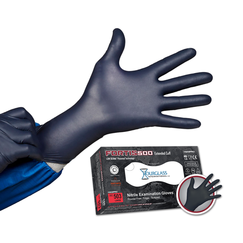 A person putting on black nitrile gloves with an extended cuff in PPE. Small image of box of gloves in background.