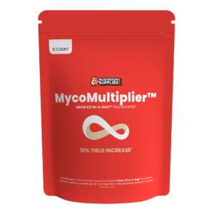 Mushroom Supplies Red bag for the MycoMultiplier x shaped rubber band product.
