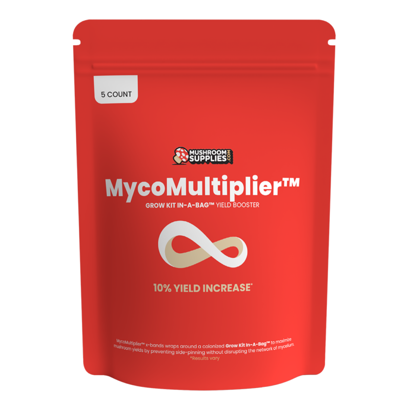 Mushroom Supplies Red bag for the MycoMultiplier x shaped rubber band product.