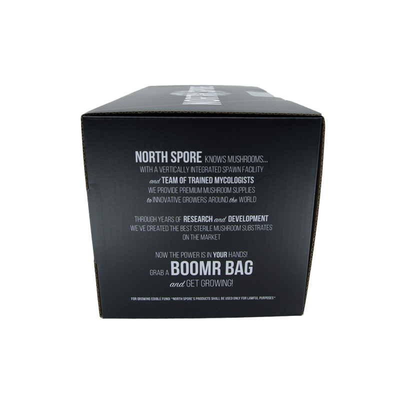 Packaging or label of North Spore Boomr Bags mentioning 'BOOMR BAGS' for sterilized mushroom substrate.