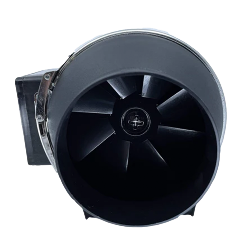 A black inline duct fan for mushroom growing.