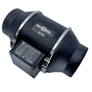 A black inline duct fan for mushroom growing with a label showing specifications.