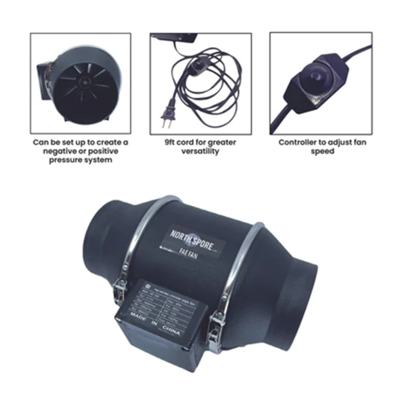 A diagram showing the black inline duct fan used for FAE or fresh air exchange, positive and negative pressure capabilities, cord, and speed controller included.