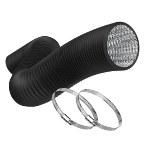 Flexible black ducting with a foil inside and 2 circular clamps.