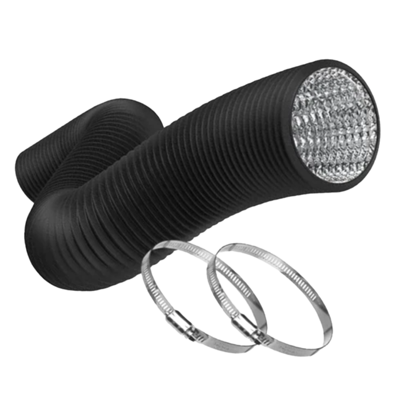 Flexible black ducting with a foil inside and 2 circular clamps.