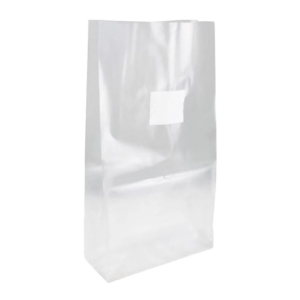 A standing, clear, autoclavable plastic bag with a square white .5 micron filter patch at the top designed for growing mushrooms.