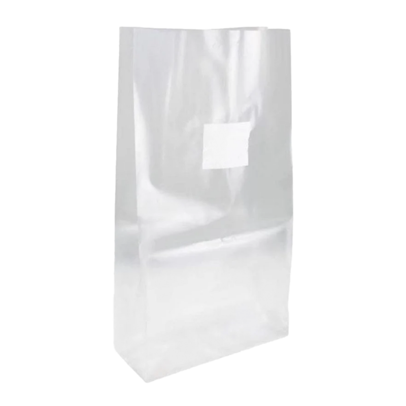 A standing, clear, autoclavable plastic bag with a square white .5 micron filter patch at the top designed for growing mushrooms.