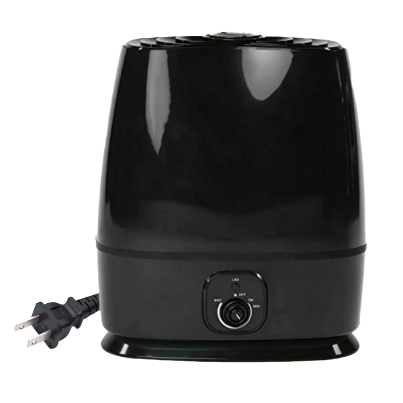 A black rectangular MycoMister humidifier for mushroom growing with a dial to control output.