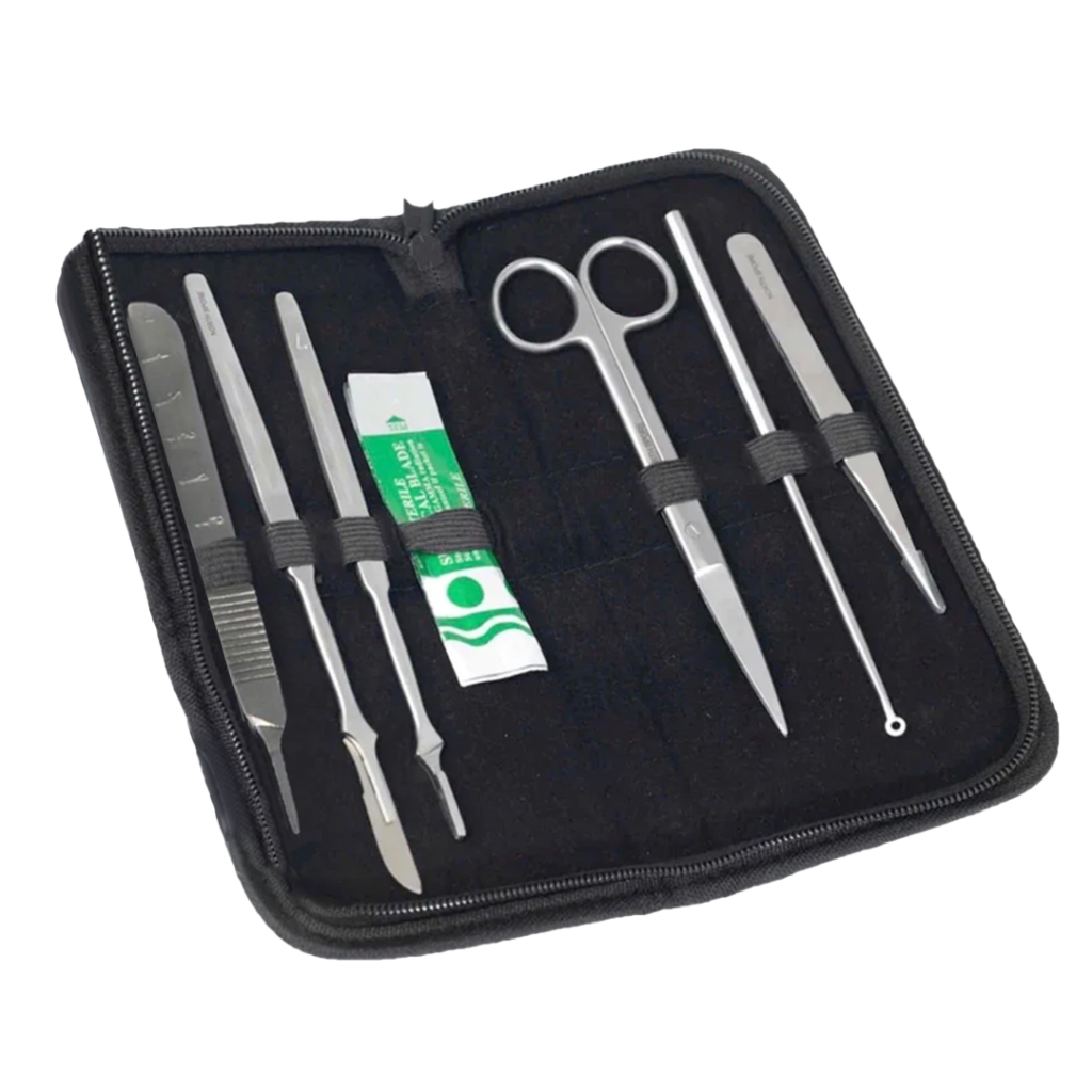 A rectangular folding zip pouch containing Stainless steel tools for mycology - 3 scalpel handles, a pack of scalpel baldes, a pair of scissors, and inoculation loop, and some forceps.