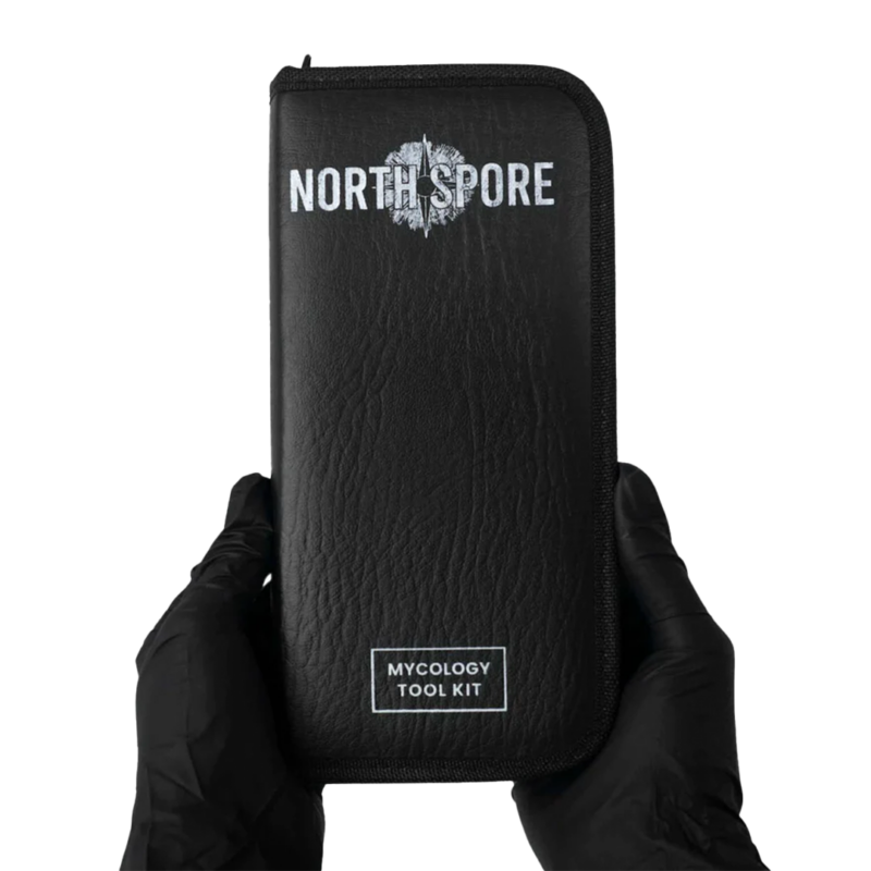 The rectangular leather pouch containing the mycology tool kit from north spore being held by someone wearing black nitrile gloves.