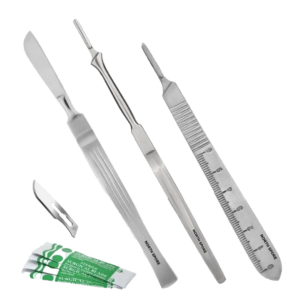 The 3 scalpels for mycology contained in the mycology tool kit from north spore, as well as the sterile scalpel blades included, which have a rounded tip - a #10 scalpel.