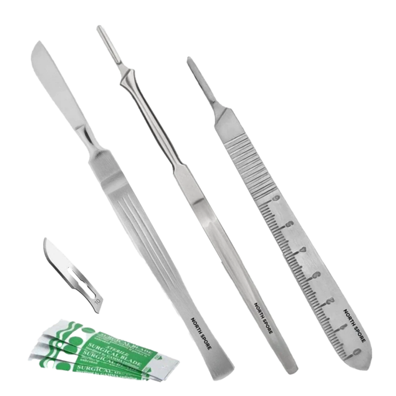 The 3 scalpels for mycology contained in the mycology tool kit from north spore, as well as the sterile scalpel blades included, which have a rounded tip - a #10 scalpel.