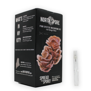 A black box with North Spore branding for the Pink Oyster Mushroom Kit reading "just spray and grow"