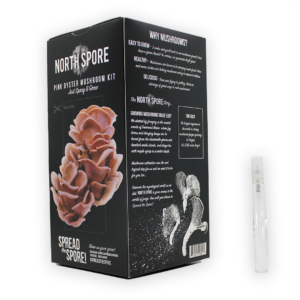 A black box with North Spore branding for the Pink Oyster Mushroom Kit with some text about mushrooms.