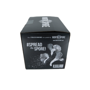 Side of packaging for North Spore Sterilized Grain Bag - with the hashtag "spread the spore" and an etched image of a chanterelle mushroom.